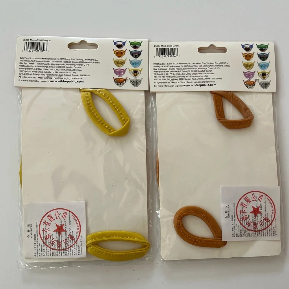 Wild Republic Kids Reusable Face Masks 2-Pack Penguin & Giraffe NWT